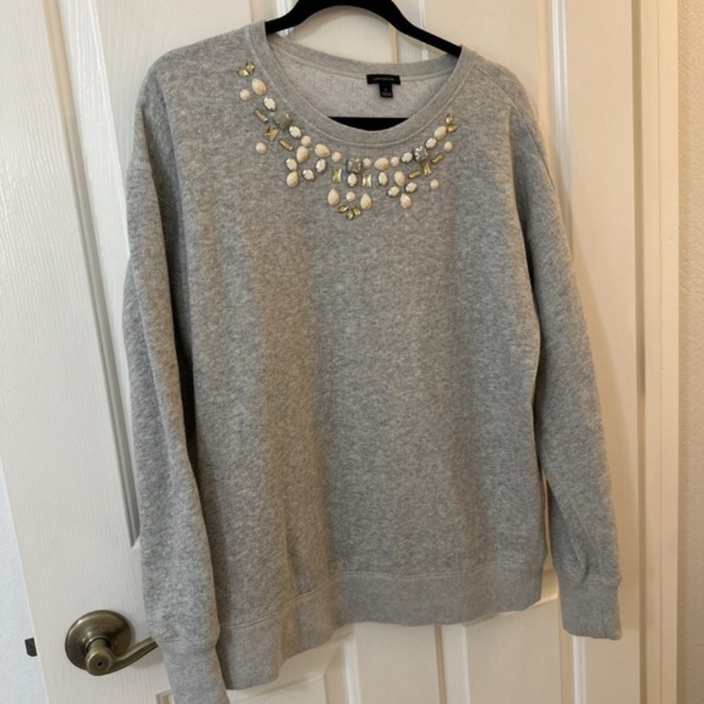 Ann Taylor Gray BEADED NECK CASUAL SWEATSHIRT‎ LOUNGE COMFY SWEATER SIZE: L